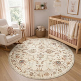 jinchan 6ft Traditional Floral Round Rug, Washable Rug, Oatmeal Rust