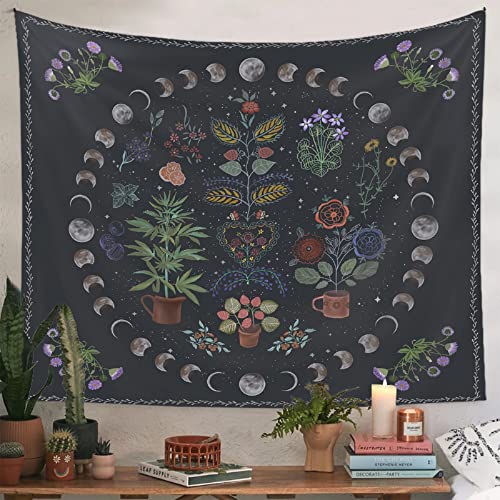 LINICE Nature Moon Phase Wall Hanging, Bohemian Mandala Tapestry Aesthetic Bedroom Decor, Botanical Tapestry Suitable For Bedroom Home Dorm