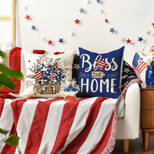 AVOIN colorlife Bless Our Home Eucalyptus Stars Fireworks Car Blue Throw Pillow Covers, 18 x 18 Inch 4th of July Patriotic Independence Memorial Day USA Flag Cushion Case for Sofa Couch Set of 4