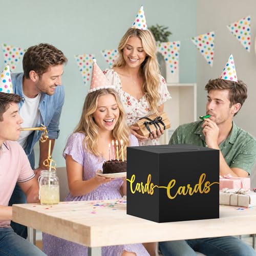 OLANRUN Gift Card Box, 9" Graduation Gold Foil Card Box, Black and Gold Party Decorations for Wedding, Birthday, Baby & Bridal Shower, Anniversary, Retirement