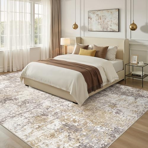 10X14 Area Rugs for Living Room: Washable Modern Abstract Rug with Non-Slip Silicone Backing Low Pile Soft Carpet for Bedroom & Dining Decor Ideal for Families with Kids and Pets-Brown