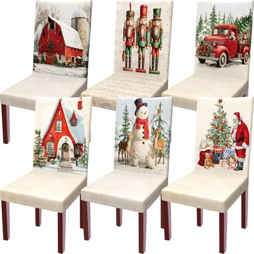 FuWeave Vintage Christmas Chair Covers Set of 6 – Rustic Farmhouse Holiday Slipcovers with Santa, Snowman, Red Truck, Nutcracker & Cottage Designs for Dining Room, Kitchen, Party Decor