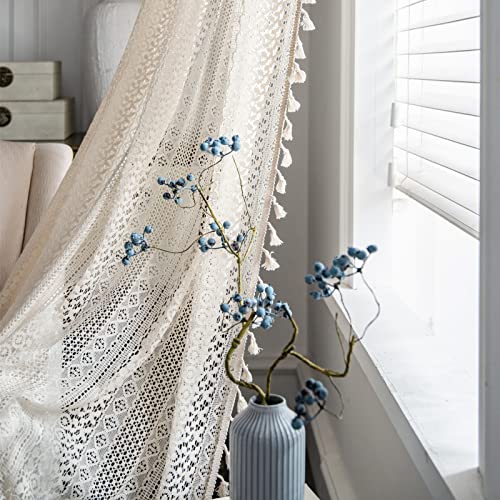 Sutuo Home Beige Boho Lace Sheer Curtains 84 inches Long,Crochet Macrame Semi-Sheer Bohemian Drape with Tassels, Cream Farmhouse Window Curtains for Living Room & Bedroom, 1 Panel 59" W,Rod Pocket