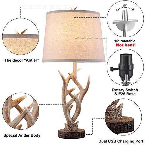 Rustic Western Table Lamp Set of 2, 26" Farmhouse Bedside Lamp for Bedroom with 2 USB Ports, Natural Antler Table Lamp for Living Room Foyer Study Office (Rustic)