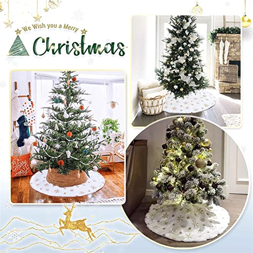 Christmas Tree Skirts 36inch Faux Plush White Tree Skirt Double Layers Gold Snowflakes Tree Skirt Cover Fluffy Round for Holiday Party Christmas Tree Decorations