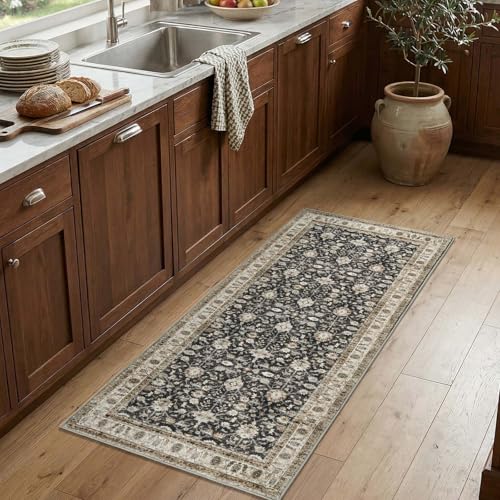 jinchan 2x5 Vintage Floral Runner Rug, Washable Non Slip, Black Taupe