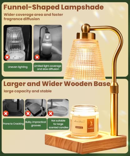 Height Adjustable Candle Warmer Lamp with Timer, 3 Dimmable Wax Melt Warmer, Birthday Gifts for Women Mom, House Warming Gifts New Home Decor, Candle Warmer for Jar Candles with 2 Bulbs，Gold-Amber