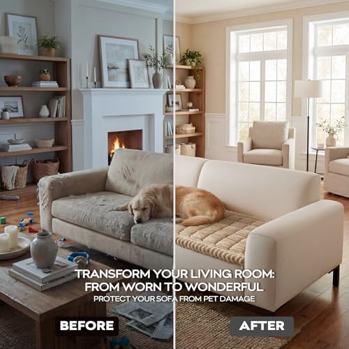 decorUhome Non-Slip Fuzzy Couch Cover for Dogs, Soft Thick Washable Pet-Friendly Protector, Sofa Slipcover for 2 Cushion Sofa/Loveseat, Khaki, 27.6" x 59"