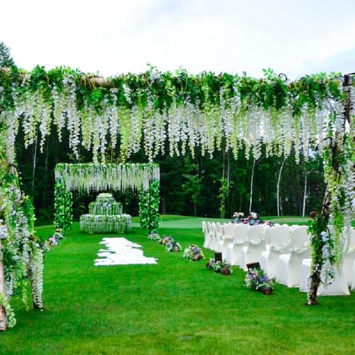 WEISPARK Fake Hanging Flowers - 12 Pieces 3.75 Feet/Piece Artificial Wisteria Vine Ratta Hanging Garland Silk Flowers for Home Party Wedding Decor (White)