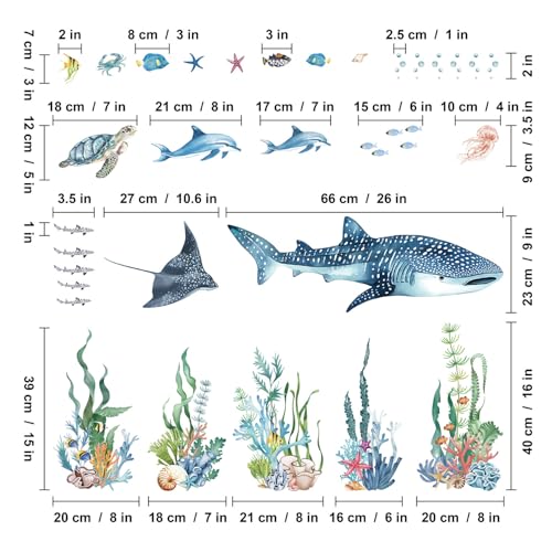 Ocean Animal Wall Decals,Large Sea Creature Wall Stickers,Under The Sea Fish Wall Art Decor for Kids Bathroom, Bedroom, Nursery, Living Room