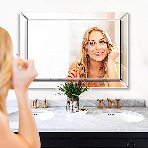 Pregaspor Wall Mirror for Bathroom, 24" x 36" Rectangular Frameless Vanity Mirror, Polished Beveled for Over Sink