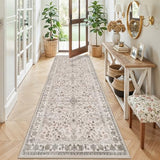 3x8 Hallway Runner Rug Washable Non-Slip – Boho Floral Soft Wide Carpet Runner for Kitchen Entryway Bathroom Bedroom – Low-Pile Thin Floor Mat with Rubber Backing (Beige,3x8)