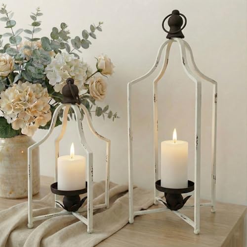12.5" & 16.5" Timeless Cozy Decorative Lanterns Set of 2, Handcrafted Metal Iron Candle Holders, Farmhouse Elegance Fireplace Mantel Table Festive Gatherings Decor