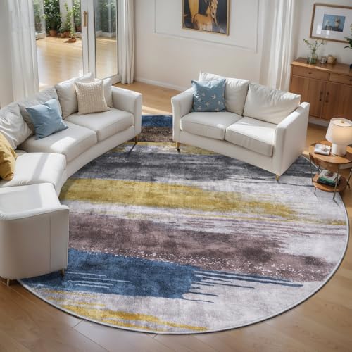 6ft Round Rugs for Living Room, Modern Abstract Washable Rug Yellow