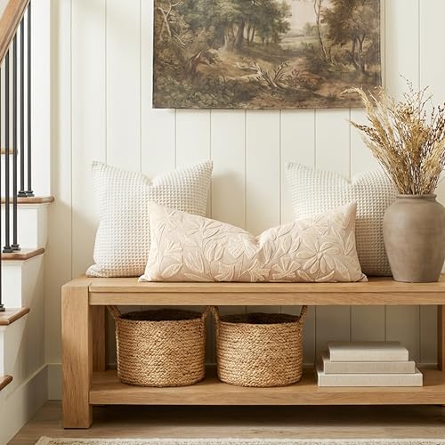 BlissBlush 14x36 Lumbar Pillow Cover for Bed, Rectangular Decorative Long Throw Pillowcase, Embroidered Farmhouse Accent Cushion, Beige Neutral Floral Tufted (Cover Only)
