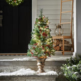 National Tree Company 4 ft Pre-Lit Crestwood Spruce Mini Artificial Christmas Entrance Tree, 100 Clear Lights, 230 Tips, Glitter, Pinecones, Red Berries, Gold Rubbed Pedestal Base, Green