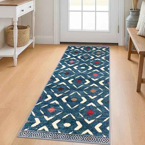 Washable Runner Rug 2x5 ft Hallway Runners, Teal/Blue