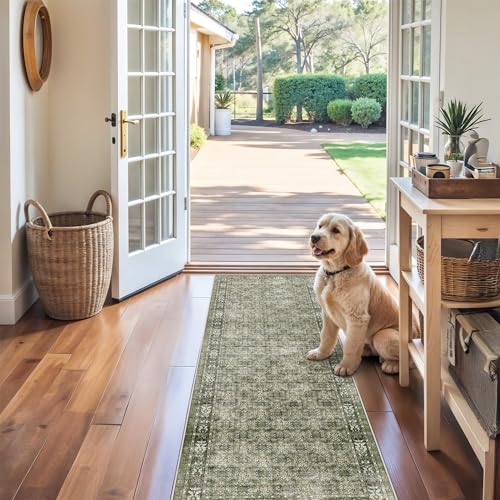 Washable 2x6 Runner Rug for Kitchen: Easy-Clean Carpet with Non-Slip Backing for Bedroom Entryway Stain-Resistant Shedding-Free Floor Mat – Perfect for High-Traffic Areas with Pets (Green,2x6)