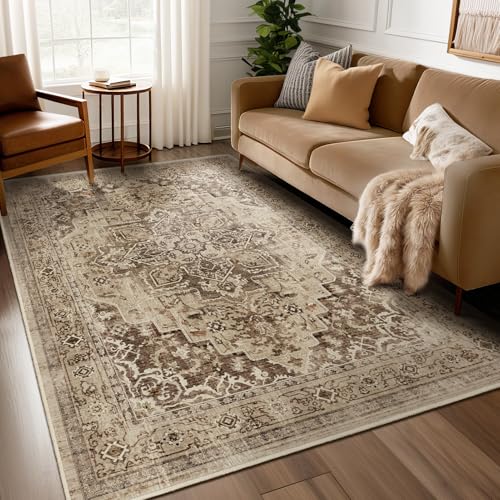 Vintage Brown 5x8 Area Rugs for Living Room, Distressed Medallion Dining Room Rug Washable Non Slip, Low Pile Thin Carpet Rugs for Den/Bedroom/Foyer/Home Office, Earthy Brown Taupe Black