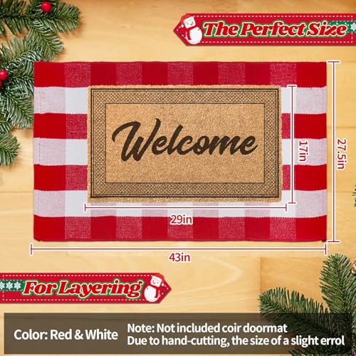 Christmas Red and White Plaid Rug 27.5 x 43 Inches, Hand-Woven Indoor/Outdoor Layered Cotton Blend Buffalo Plaid Rug, Washable Front Door Mat, Perfect for Porch, Living Room, Entryway