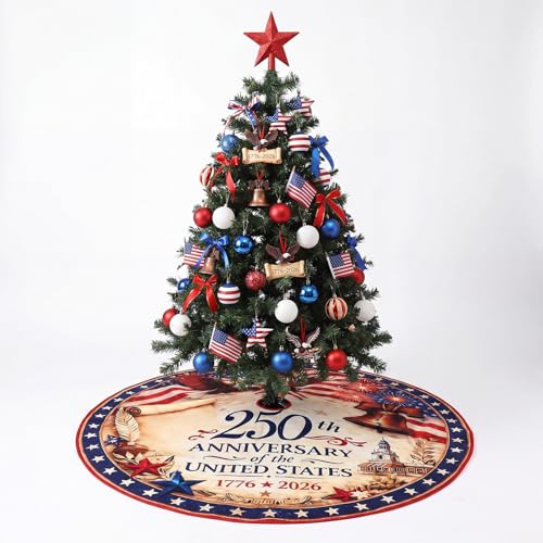 250th Anniversary Tree Skirt, 47'' 4th of July Tree Mat Patriotic Decorations American Flag Eagle Independence Day Christmas Holiday Party Decor Supplies
