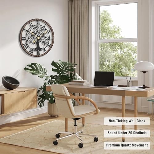 Micasso Battery Operated Wall Clock: 30 Inch Farmhouse Tree of Life Metal with Wood Frame - Rustic Bold Roman Numerals Wall Clocks for Home Office/Living Room/Bedroom - Home Decor for Housewife