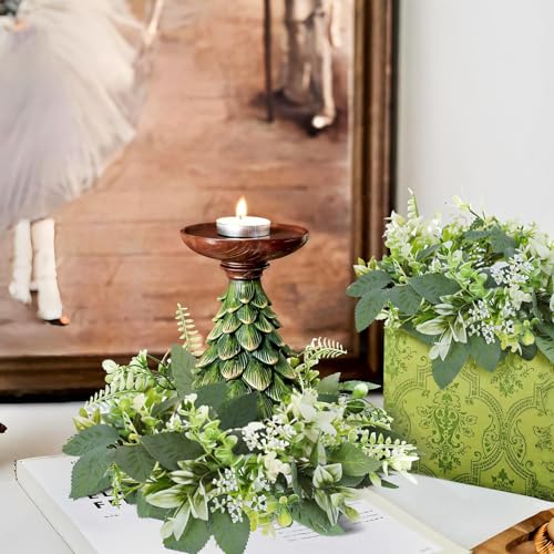 3PCS Artificial Eucalyptus Leaves Wreaths Candle Rings Wreaths Summer Greenery Garland Pillar Holder for Home Wedding Party Table Centerpiece Green