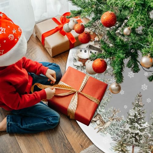 Snowman Christmas Tree Skirt 36 Inch Reindeer Snowflakes Xmas Tree Decorations for Winter Holiday Party Home Decor Indoor Outdoor Ornaments