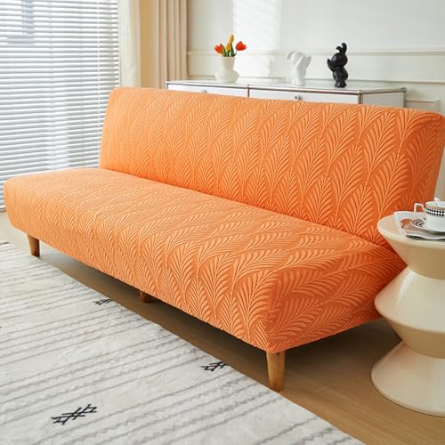 Stretch Armless Futon Sofa Cover- Futon Slipcover Full Queen Size Futon Couch Cover, Furniture Protector with Elastic Bottom, Washable, Polyester Spandex Jacquard Fabric (Orange, Medium(61"-73"))