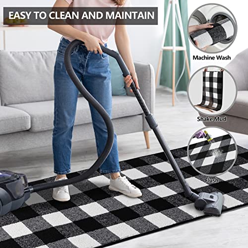 FONEYI Buffalo Plaid Rug 20 x 59 Inches, Non Slip Black and White Check Rugs Indoor or Outdoor Rugs for Layered Door Mats, Washable Fall Front Door Mat for Front Porch, Kitchen, Farmhouse, Entryway