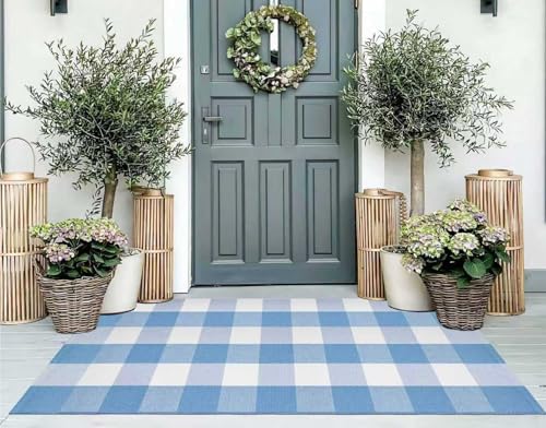 Light Blue and White Outdoor Rug 2'X4.3' Buffalo Plaid Checked Front Porch Rug Cotton Woven Washable Rug Layering Doormat for Welcome Door Mat Entryway Dining Room Bedroom Living Room