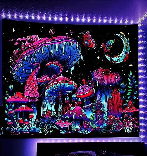 TUGCAY Blacklight Mushroom Tapestry, Glow In The Dark Tapestry Black Light Plant Fantasy UV Reactive Mushroom Butterfly Moon Tapestries Posters Wall Hanging for Bedroom Dorm Decor(50"x60")