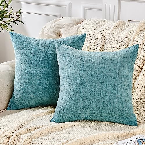 GAWAMAY Decorative Square Throw Pillow Covers 22"x22" Inch Set of 2, Super Soft Chenille Pillows Farmhouse Fall Pillowcase for Living Room Bedroom Sofa Couch Cushion Cover Smoke Blue 55x55cm