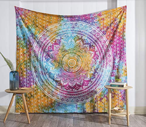 Popular Handicrafts Tapestry Wall Hanging Hippie Mandala Bohemian Hippy Medallion Psychedelic Ombre Design Indian Tapestries Bedspread 53 x 80 Iches (134cm x 203cm) Multicolor Tie Dye