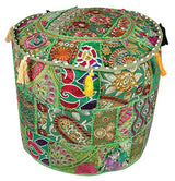 Indian Patchwork Pouf Cover Living Room Pouf, Decorative Ottoman, Embroidered Designer Ottoman, Home Living Footstool Chair Cover, Bohemian Ottoman Pouf Décor (Green)