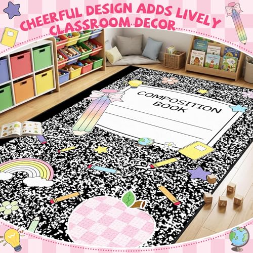 5x7.6 ft Composition Notebook Classroom Rug Black and White Educational Area Mat Composition Book Play Carpet Back to School Learning Mat for Preschool Nursery Kindergarten(Black White Notebook)