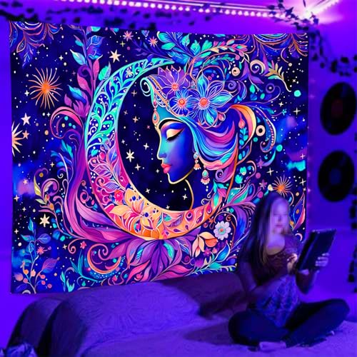 TUGCAY Blacklight Moon and Star Tapestry, UV Reactive Elegant Goddess Mandala Moon Sun Tapestry Starry Night Tapestries Wall Hanging for Bedroom Dorm Decor(51.2 x 59.1 Inches)
