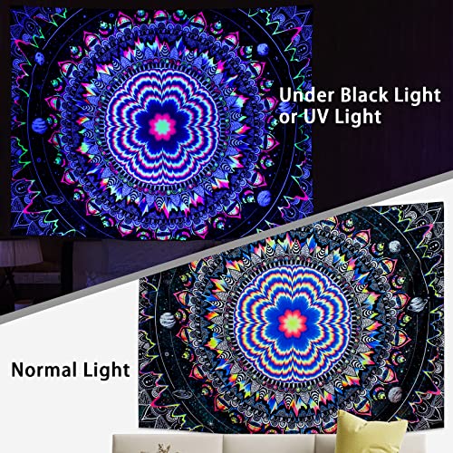 Amonercvita Blacklight Tapestry Trippy Mandala Tapestries UV Reactive Galaxy Stars Tapestry Psychedelic Neon Tapestries Wall Hanging Hippie Black Light Poster for Bedroom