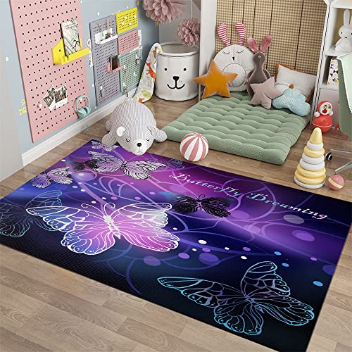 Sunnycitron Purple Butterfly Area Rugs Girls Player Rug Room Decor Teens Room Mat Carpet Decor for Bedroom Living Room Playroom Carpet (59"x39")