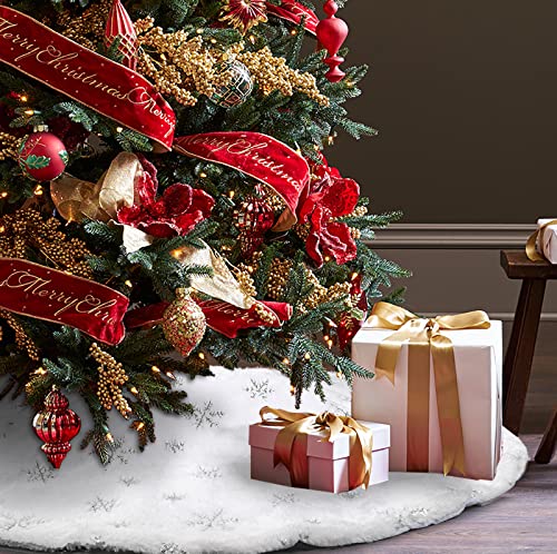 Faux Fur Christmas Tree Skirt,48 inches Large Luxury Tree Skirt with Sliver Snowflake Sequin, Christmas Decorations Holiday Thick Plush Tree Xmas Ornaments（White and Silver,48 Inch）