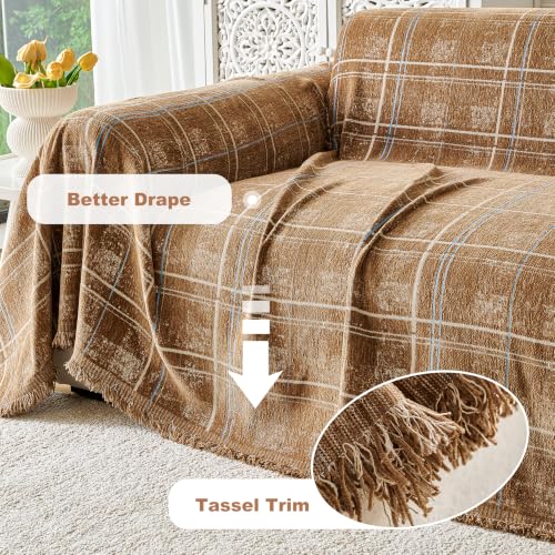 Couch Cover for Dogs Washable Sofa Cover, Sectional Couch Covers, Sofa Covers for 2 Cushion Couch, Non Slip Stripe Sofa Slipcovers Furniture Protector (Brown Checkered 71x134)