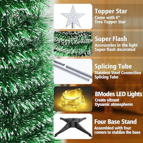 5 FT Pop Up Christmas Tree with Timer Lights and Decorations, Green Tinsel Artificial Christmas Tree with 24 Balls Ornaments, Collapsible Pencil Tree for Xmas Home Office Party Decor