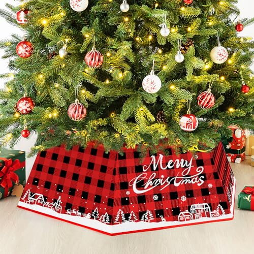 Christmas Tree Collar Buffalo Plaid, Christmas Tree Base Cover, Fabric Hexagon Tree Base Skirt with Six Patterns, Christmas Tree Base Bottom Stand Cover with 31In Diameter for Tree Decoration