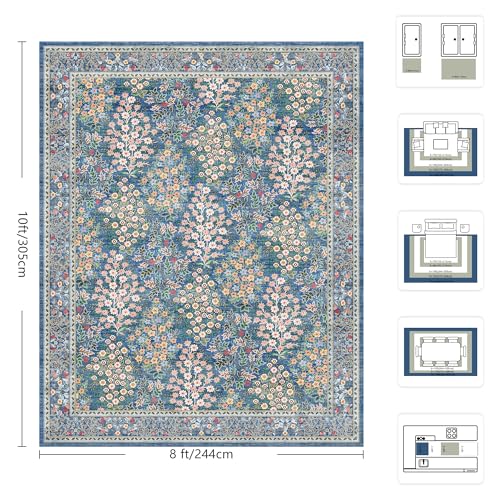 8x10 Area Rugs, Machine Washable Low Pile Floral Rugs for Living Room, Bedroom, Large Boho Area Rug with Non-Slip Backing for Dining Room(Blue Floral)
