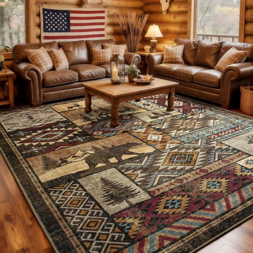Rustic Cabin Area Rug 8x10,Western Rugs for Living Room Bedroom,Brown Rug