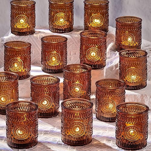 Amber Votive Candle Holders Set of 36- Glass Tea Lights Candle Holders Bulk