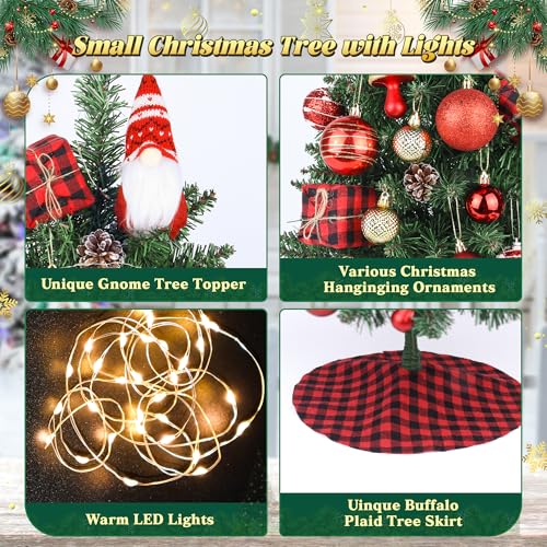 Mini Small Christmas Tree with Lights, 2ft Artificial Small Table Top Christmas Tree with Gnome, Ball Ornaments and Buffalo Plaid Tree Skirt, 24 Pcs DIY Xmas Trees Decor for Toddler, Kids
