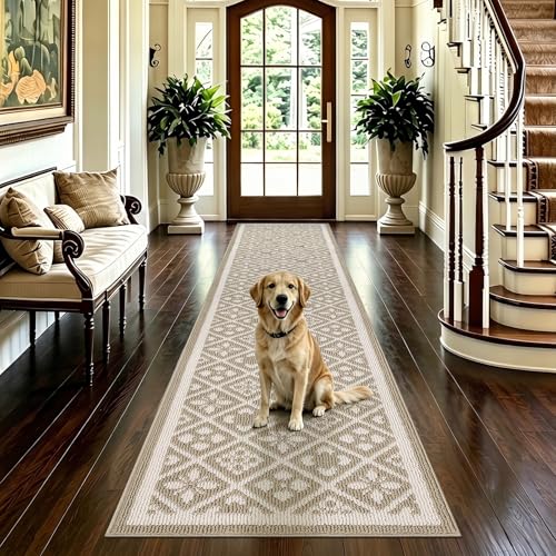 Hallway Runner Rug 2x10 ft,Washable Indoor Beige Entryway Carpet with Non Slip Rubber Backing,Low Pile Heavy Duty Kitchen Floor Mat for Entrance & High Traffic Areas