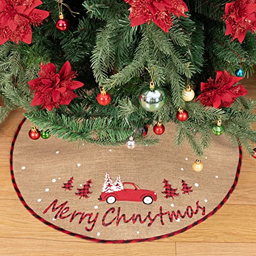 N&T NIETING Christmas Tree Skirt, 30 Inch Rustic Burlap Tree Skirt with Red Truck and Letter Printed Christmas Tree Mat for Xmas Holiday Party Decoration