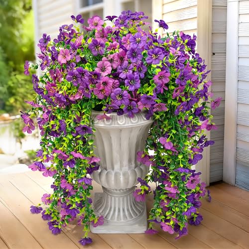 Artificial Hanging Flowers for Outdoors Faux Plants, 2PCS Artificial Outdoor Flowers for Spring Decor, UV Resistan Realistic Daisy Fake Hanging Plants for Indoor Planter Garden Porch(Double Purple)